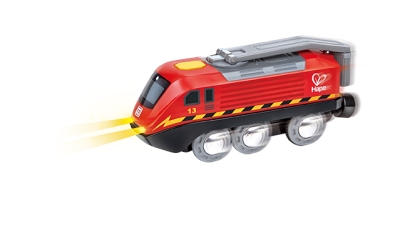 Детска играчка Hape - Влак с манивела, Червен