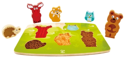 Дървен пъзел Hape - Пипни и разпознай, Горски животни, 6 части
