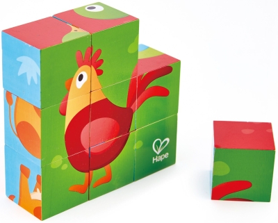 Дървен пъзел с кубчета Hape - Ферма, 9 части