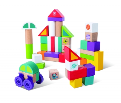 Игрален комплект Hape - Дървени кубчета, Космически чудовища