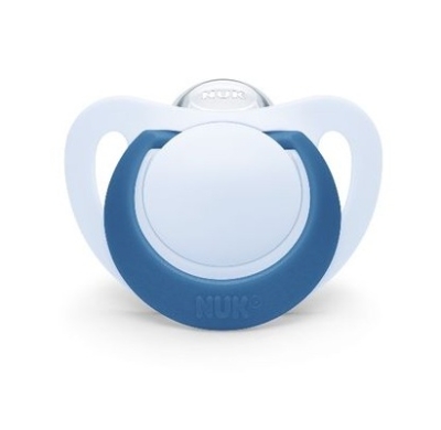Силиконова залъгалка NUK - Star, Синя с кутия за стерилизиране, 6-18 m