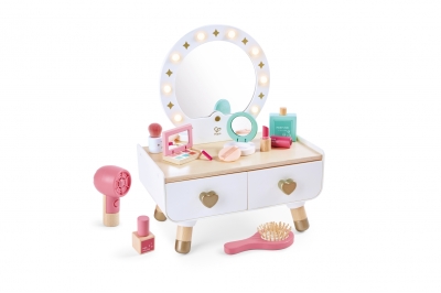 Дървен детски комплект Hape - Толетка за гримиране, 14 части