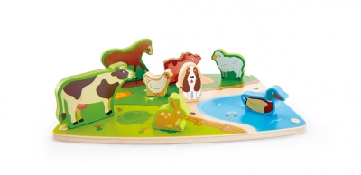 Дървен пъзел Hape - Домашни животни, 9 части