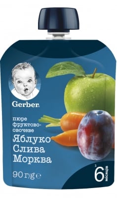 Пюре Nestle GERBER - Пауч ябълка, слива и морков, 90 g