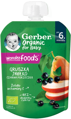 Пюре Nestle GERBER Organic for baby - Пауч круша, ябълка, касис, 80 g