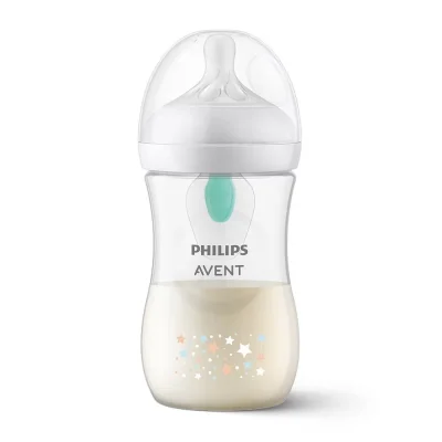 Шише за хранене Philips Avent - Natural Response с AirFree клапа, 260 ml, с биберон поток 3, 1м+, с декорация Звезди и мече