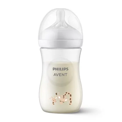 Шише за хранене Philips Avent - Natural Response, 260 ml, с биберон поток 3, 1м+, с декорация Жирафи