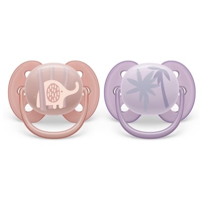 Залъгалки Philips Avent - Ultra Soft, с декорация Слонче и Палми с кутия за стерилизиране, 0-6 m, 2 броя