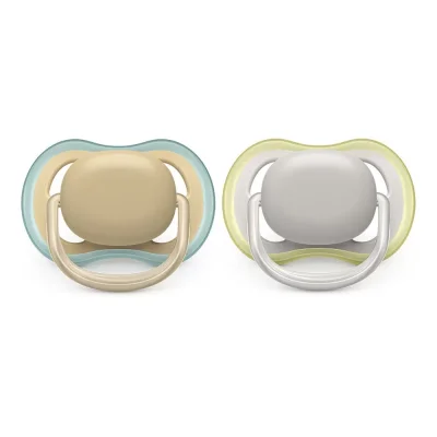 Залъгалки Philips Avent - Ultra Air, Бял и жълт цвят с кутия за стерилизиране, 0-6 m, 2 броя