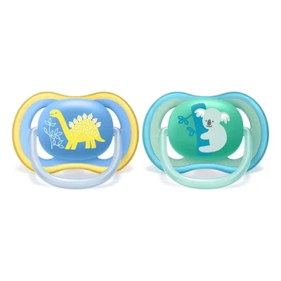 Залъгалки Philips Avent - Ultra Air, с декорация Дино и коала с кутия за стерилизиране, 18m+, 2 броя