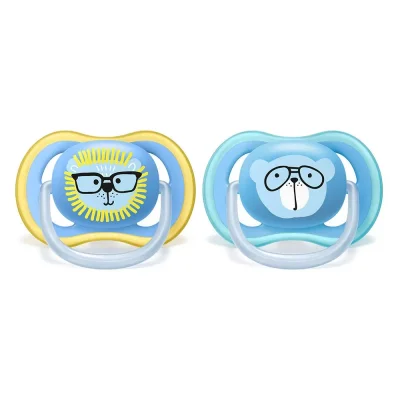 Залъгалки Philips Avent - Ultra Air, с декорация Лъв и мече с кутия за стерилизиране, 18m+, 2 броя