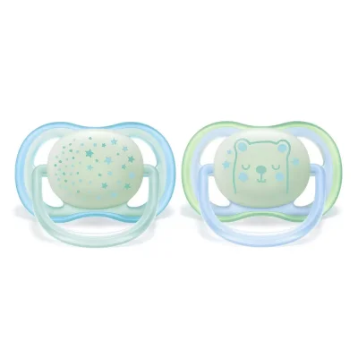 Залъгалки Philips Avent - Ultra Air Night, с декорация Завезди и мече с кутия за стерилизиране, 0-6 m, 2 броя