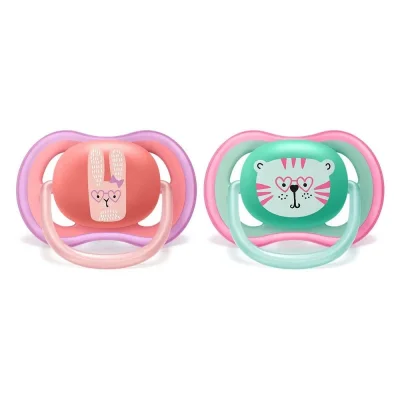 Залъгалки Philips Avent - Ultra Air, с декорация Тигър и заек с кутия за стерилизиране, 18m+, 2 броя