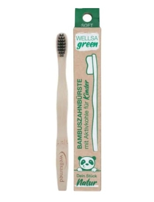 Детска четка за зъби от бамбук Wellsamed - Wellsa Green, Soft с активен въглен