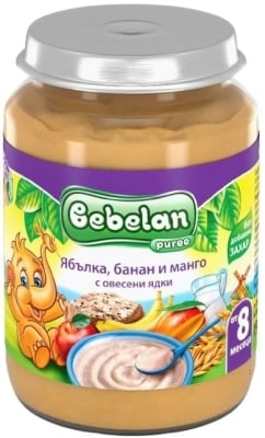 Млечна каша Bebelan Puree - Ябълки, банан и манго с овесени ядки, 190 g