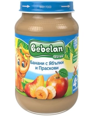 Плодово пюре Bebelan Puree- Банани, ябълки и праскови, 190 g