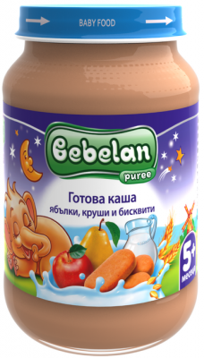 Млечна каша Bebelan Puree - Ябълки, круши и бисквити, 190 g