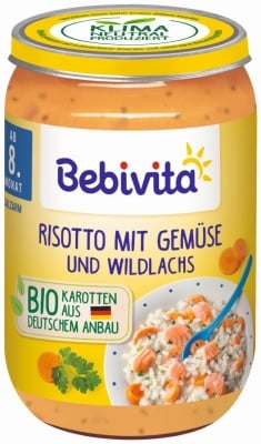 Био пюре Bebevita - Ризото със зеленчуци и дива сьомга, 220 g