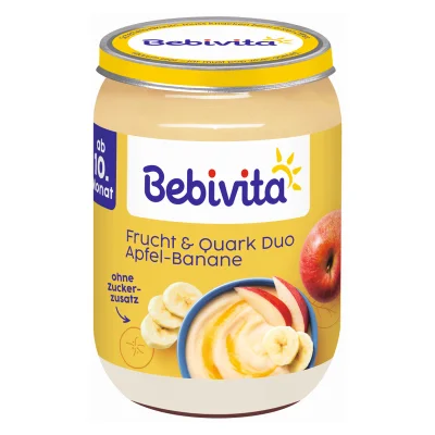 Био плдово пюре дует Bebivita - Ябълка, банан и извара, 190 g