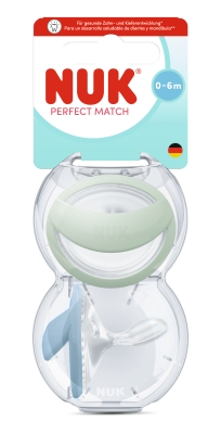 Силиконови залъгалки NUK - Perfect Match, Mommy Feel, Зелена & Синя, 0-6 m, 2 броя с кутийка за съхранение и стерилизация