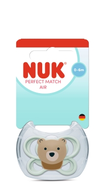Силиконова залъгалка NUK - Perfect Match Air, Мече с кутия за стерилизиране, 0-6 m