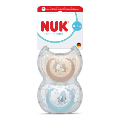 Силиконови залъгалки NUK - First Choice, с декорация Мечка & Водно конче, 0-6 m, 2 броя