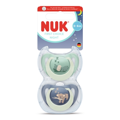 Силиконови залъгалки NUK - First Choice Night, с декорация Хипопотам & Коала, 0-6 m, 2 броя