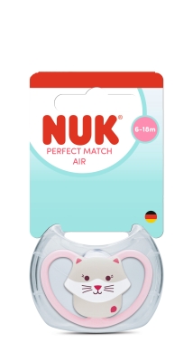 Силиконова залъгалка NUK - Perfect Match Air, Коте с кутия за стерилизиране, 6-18 m