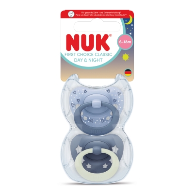 Силиконови залъгалки NUK - First Choice, Day & Night, За момче, 6-18 m, 2 броя