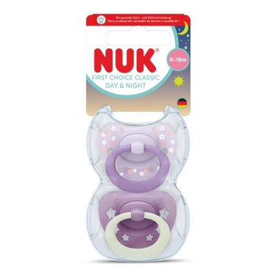 Силиконови залъгалки NUK - First Choice, Day & Night, За момиче, 6-18 m, 2 броя