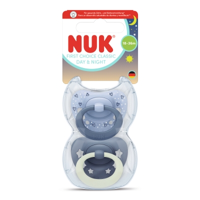 Силиконови залъгалки NUK - First Choice, Day & Night, За момче, 18-36 m, 2 броя
