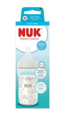 Стъклено шише със силиконов биберон NUK - Perfect Match, размер M, 230 ml