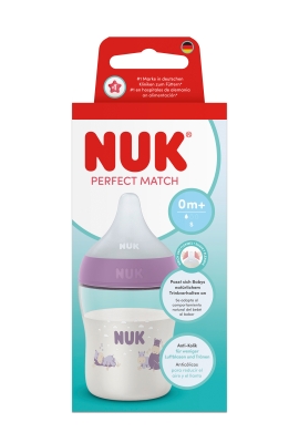 Шише със силиконов биберон NUK - Perfect Match, 150 ml, размер S, Хипопотам