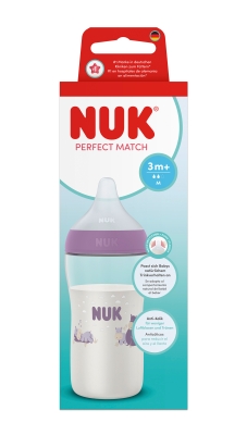 Шише със силиконов биберон NUK - Perfect Match, 260 ml, размер M, Хипопотам