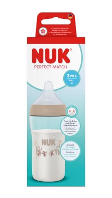 Шише със силиконов биберон NUK - Perfect Match, 260 ml, размер M, Маймуна