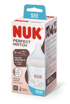 Стъклено шише със силиконов биберон Nuk - Perfect Matc, 0+ месеца, размер S, Дъга