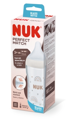 Стъклено шише със силиконов биберон Nuk - Perfect Matc, 3+ месeцa, размер М, Дъга