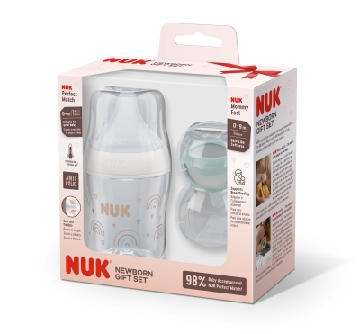 Подаръчен сет NUK - Perfect Match, Бебешко шише Дъга, 150 ml + залъгалка MommyFeel, 0-9 m