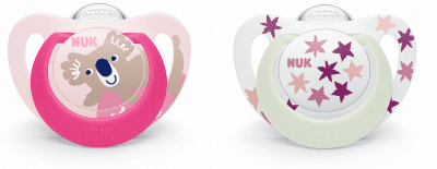 Силиконови светещи залъгалки NUK - Star, Night & Day, 6-18 месеца, 2 броя, Розови