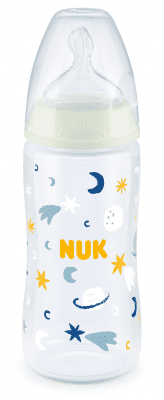 Шише със силиконов биберон Nuk - First Choice, Night, Звезди, TC, 6-18 месеца