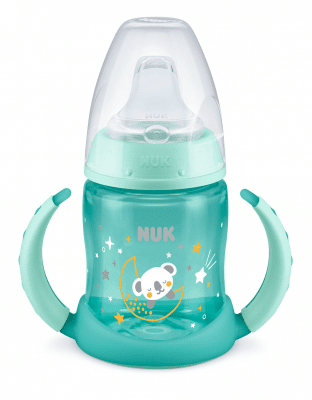 Преходна чаша със силиконов накрайник NUK - First Choice, Glow in the Dark, TC, 150 ml, Синя