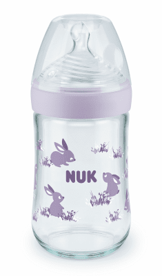 Стъклено шише със силиконов биберон NUK - Nature Sense, Softer, TC, 240 ml, размер M, Лилаво
