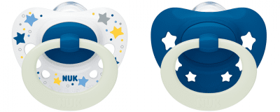 Силиконови залъгалки NUK - Signature Night, 0-6 m, 2 броя, Сини