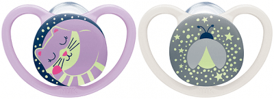 Силиконови светещи залъгалки NUK - Space Night, 6-18 месеца, 2 броя + кутийка за съхранение и стерилизация