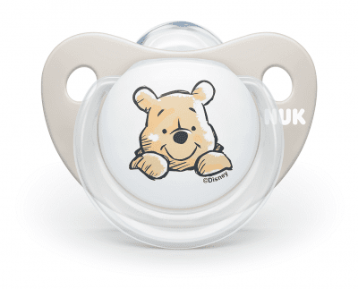 Силиконова залъгалка NUK - Disney, Мечо Пух с кутия за стерилизиране, 6-18 m, Бежова