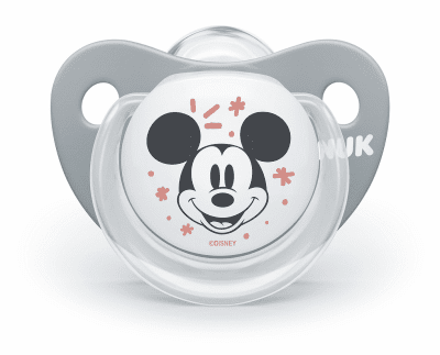 Силиконова залъгалка NUK - Mickey, 6-18 месeца, Сива + кутийка за съхранение и стерилизация