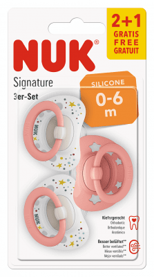 Силиконови залъгалки NUK - Signature, 0-6 месеца, 2+1 броя, Бяло с розово