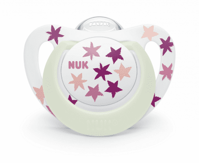 Силиконова залъгалка NUK - Star Night, 18-36 месеца, Розови звезди + кутийка