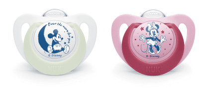 Силиконови залъгалки NUK - Mickey Night & Day, 18-36 месеца, 2 броя, Бяло и Розово + кутийка за съхранение и стерилизация