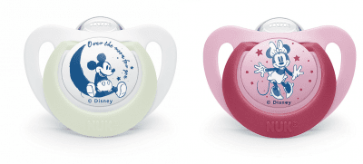 Силиконови залъгалки NUK - Mickey Night & Day, 6-18 месеца, 2 броя, Бяло и Розово + кутийка за съхранение и стерилизация